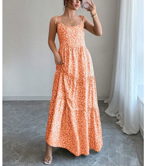 Boho Floral Print High Waisted Ruffle Hem Cami Maxi Dress - Picture 2 of 8